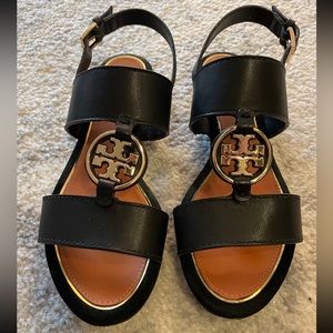 Tory Burch Black Leather Sandals W/ Suede trimming